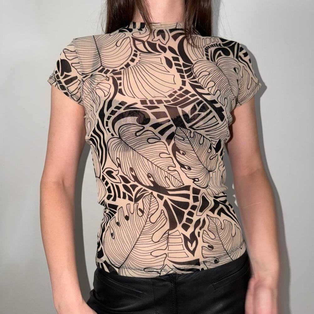 The Limited Tan Black Tropical Leaf Mesh Cap Sleeve Top M Made USA